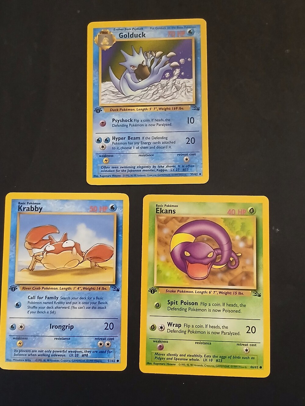 Pokemon Cards Lot Of 3 Krabby Golduck Ekans Vintage 199 1st Edition Fossil Mint